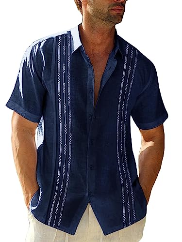 Herren Kurzarm Guayabera Hemden Leinen Baumwolle Knopfleiste mexikanisch bestickt kubanische Hochzeit Sommer Tops, navy, XX-Large von Runcati