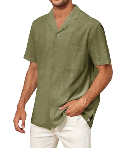 Runcati Herren Kurzarm Kuba Sommerhemd Baumwolle Strand Shirts Freizeithemd Lässig Regular Fit Männer Tops, Olivgrün, XL von Runcati