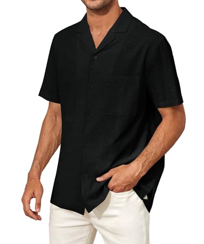 Runcati Herren Kurzarm Kuba Sommerhemd Baumwolle Strand Shirts Freizeithemd Lässig Regular Fit Männer Tops, Schwarz, M von Runcati