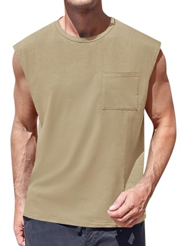 Runcati Herren Ärmellos Muskelshirt Fitness Sport Tank Top Unterhemd Gym T Shirts Tasche Weste Trägershirts für Männer, Khaki, L von Runcati