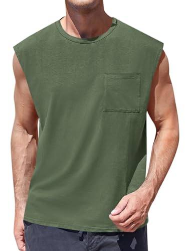 Runcati Herren Ärmellos Muskelshirt Fitness Sport Tank Top Unterhemd Gym T Shirts Tasche Weste Trägershirts für Männer, Olivgrün, L von Runcati