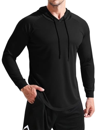 Herren Workout Hoodie Sommer Langarm Stretch Sweatshirt Running Schnell Trocken Sportliches Shirt, Schwarz, L von Runcati