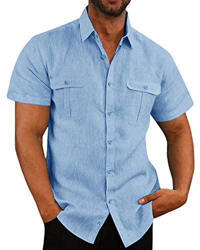 Leinenhemd Herren Kurzarm Sommerhemd Männer Freizeithemd Business Shirt Strandhemd mit Taschen, Blau, M von Runcati