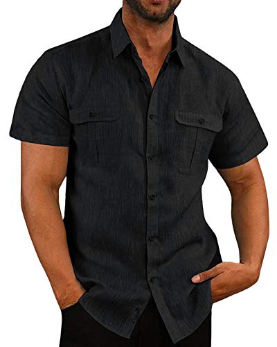 Leinenhemd Herren Kurzarm Sommerhemd Männer Freizeithemd Business Shirt Strandhemd mit Taschen, Schwarz, XL von Runcati