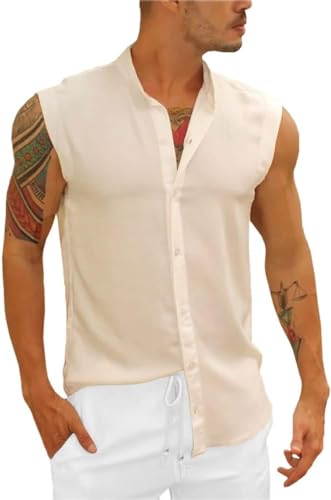 Runcati Ärmelloses Herren Hemd Tank Top Sommer Baumwollenhemd Muskelshirt für Herren Urlaub Freizeit Hemdbluse Universal Fit Beige L von Runcati
