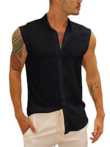 Runcati Ärmelloses Herren Hemd Tank Top Sommer Baumwollenhemd Muskelshirt für Herren Urlaub Freizeit Hemdbluse Universal Fit Schwarz XXL von Runcati