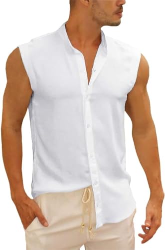 Runcati Ärmelloses Herren Hemd Tank Top Sommer Baumwollenhemd Muskelshirt für Herren Urlaub Freizeit Hemdbluse Universal Fit Weiß M von Runcati