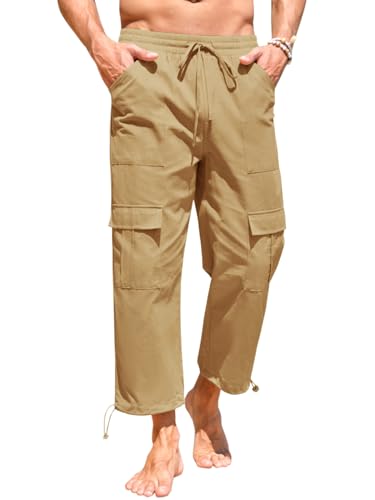 Runcati Baumwolle Leinenhose Herren Sommerhose Leicht Freizeithose Cargohose Männer Beach Yoga Hosen, Khaki, L von Runcati