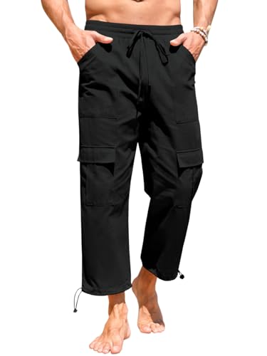 Runcati Baumwolle Leinenhose Herren Sommerhose Leicht Freizeithose Cargohose Männer Beach Yoga Hosen, Schwarz, L von Runcati