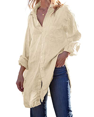 Runcati Damen Bluse mit Knopfleiste aus Leinen und Baumwolle, langärmelig, Tunika, Oberteil, lockere Strand-Bikini-Kleid, beige, Groß von Runcati