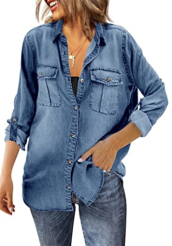 Runcati Damen Button-Down Denim Shirt Langarm Roll Up Casual Oversized Jeans Shirt Jacke Distressed Tunika Tops, Blau, Groß von Runcati