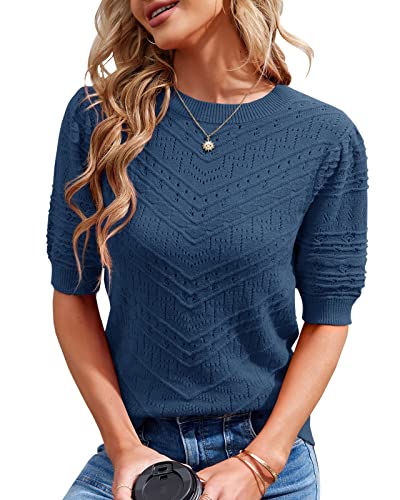 Runcati Damen Kurzarm Strickpullover Casual Rundhals Puffärmel Elegante Einfarbige Sweateshirt Pullover,Dunkelblau,L von Runcati