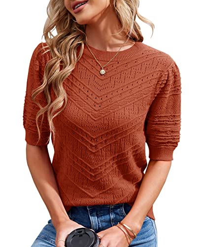 Runcati Damen Kurzarm Strickpullover Casual Rundhals Puffärmel Elegante Einfarbige Sweateshirt Pullover,Ziegelrot,M von Runcati