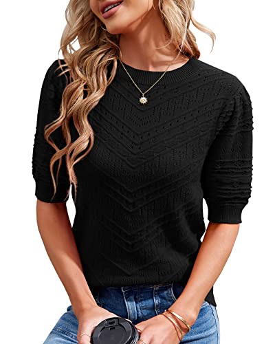 Runcati Damen Kurzarm Strickpullover Casual Rundhals Puffärmel Elegante Einfarbige Sweateshirt Pullover,Schwarz,S von Runcati
