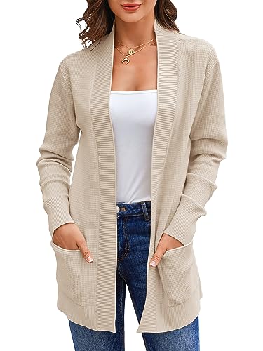 Runcati Damen Lange Strickjacke Classic Elegant Open Front Strick Cardigan Langarm Taschen Pullover Aprikose S von Runcati