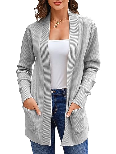 Runcati Damen Lange Strickjacke Classic Elegant Open Front Strick Cardigan Langarm Taschen Pullover Grau L von Runcati