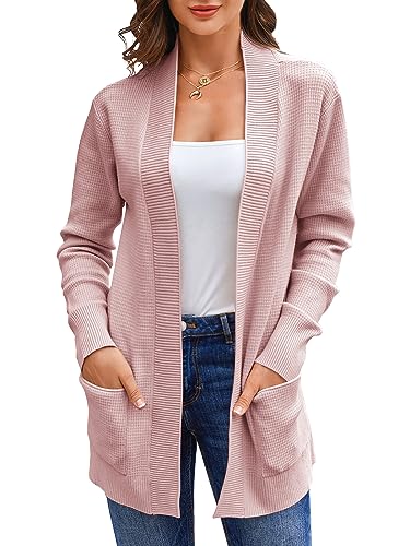 Runcati Damen Lange Strickjacke Classic Elegant Open Front Strick Cardigan Langarm Taschen Pullover Rosa S von Runcati