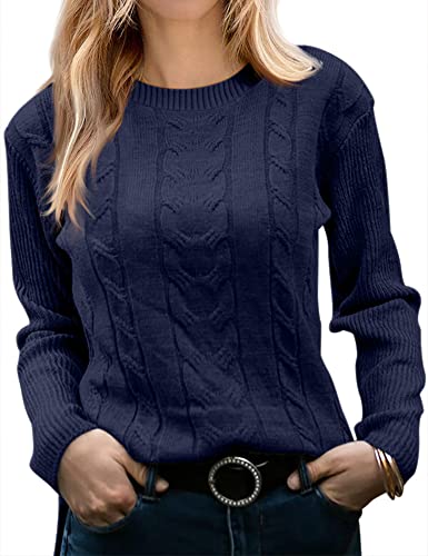 Runcati Damen Pullover Casual Einfarbige Langarm Kabel Stricken Crewneck Soft Elegant Chunky Pullunder Sweater,Dunkelblau,M von Runcati