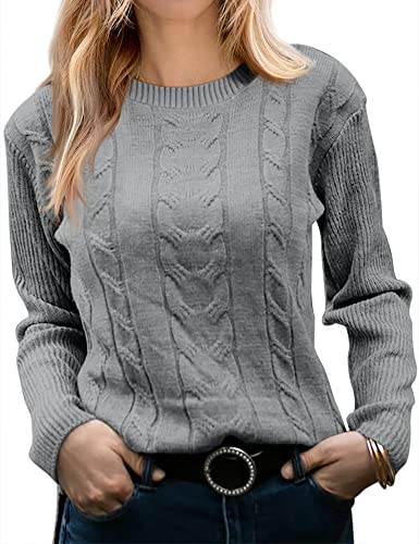 Runcati Damen Pullover Casual Einfarbige Langarm Kabel Stricken Crewneck Soft Elegant Chunky Pullunder Sweater,Grau,S von Runcati