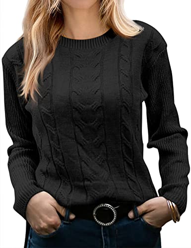 Runcati Damen Pullover Casual Einfarbige Langarm Kabel Stricken Crewneck Soft Elegant Chunky Pullunder Sweater,Schwarz,XL von Runcati