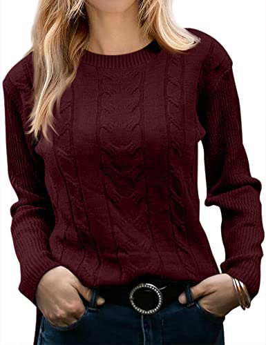 Runcati Damen Pullover Casual Einfarbige Langarm Kabel Stricken Crewneck Soft Elegant Chunky Pullunder Sweater,Weinrot,L von Runcati