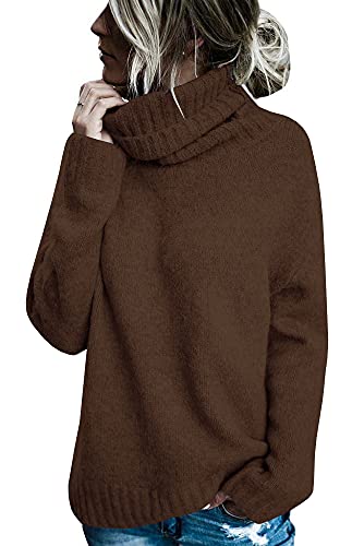 Runcati Pullover Damen Rollkragen Strickpullover Langarm Einfarbig Casual Loose Winter Warm Sweater,Braun,L von Runcati