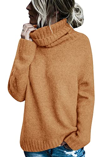 Runcati Pullover Damen Rollkragen Strickpullover Langarm Einfarbig Casual Loose Winter Warm Sweater,Kamelfarbe,M von Runcati
