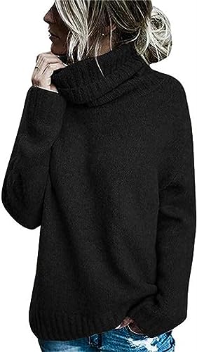 Runcati Pullover Damen Rollkragen Strickpullover Langarm Einfarbig Casual Loose Winter Warm Sweater,Schwarz,S von Runcati