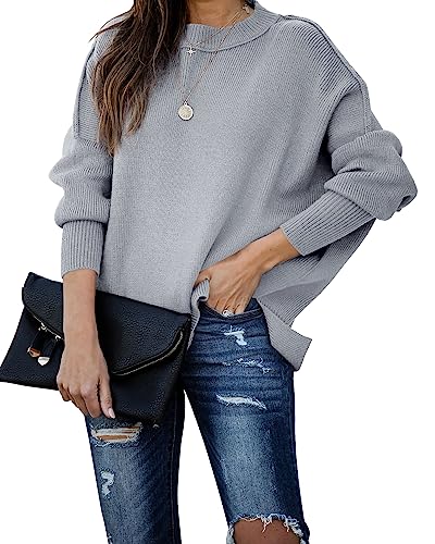 Runcati Damen Strickpullover Rundhals Langarm Oversized Lose Fledermausärmel Pullover Einfarbige Seitenschlitz Oberteil Top Grau XL von Runcati