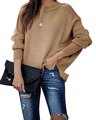 Runcati Damen Strickpullover Rundhals Langarm Oversized Lose Fledermausärmel Pullover Einfarbige Seitenschlitz Oberteil Top Khaki M von Runcati