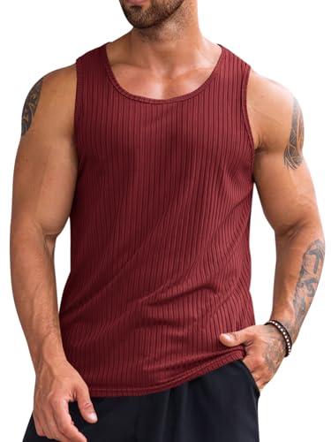 Runcati Geripptes Tanktop für Herren, 2er-Pack, gestrickt, ärmellos, Workout-T-Shirt, Muskeltraining, Fitness-T-Shirt, Burgunder, XX-Large von Runcati