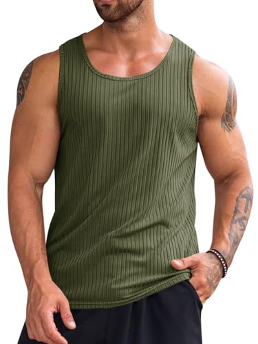 Runcati Geripptes Tanktop für Herren, 2er-Pack, gestrickt, ärmellos, Workout-T-Shirt, Muskeltraining, Fitness-T-Shirt, Grün (Army Green), L von Runcati