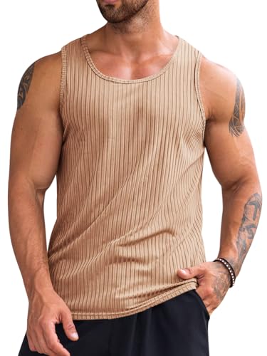 Runcati Geripptes Tanktop für Herren, 2er-Pack, gestrickt, ärmellos, Workout-T-Shirt, Muskeltraining, Fitness-T-Shirt, Khaki, Mittel von Runcati