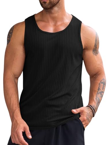 Runcati Geripptes Tanktop für Herren, 2er-Pack, gestrickt, ärmellos, Workout-T-Shirt, Muskeltraining, Fitness-T-Shirt, Schwarz, XL von Runcati