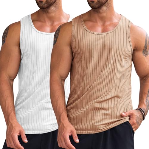 Runcati Geripptes Tanktop für Herren, 2er-Pack, gestrickt, ärmellos, Workout-T-Shirt, Muskeltraining, Fitness-T-Shirt, Weiß/Khaki, XL Runcati Geripptes Tanktop für Herren, 2er-Pack, gestrickt, ärmellos, Workout-T-Shirt, Muskeltraining, Fitness-T-Shirt, Weiß/Khaki, XL von Runcati