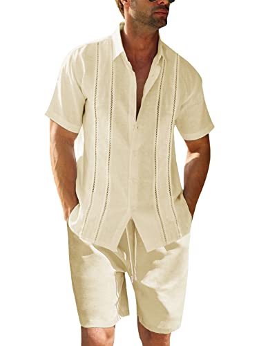 Runcati Herren 2 Stück Leinen Set Regular Fit Knopfleiste Strand Hemd und Shorts Kurzarm Sommer Outfits Beige L von Runcati