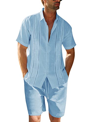 Runcati Herren 2 Stück Leinen Set Regular Fit Knopfleiste Strand Hemd und Shorts Kurzarm Sommer Outfits Blau XXL von Runcati