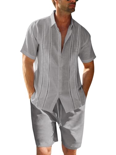Runcati Herren 2 Stück Leinen Set Regular Fit Knopfleiste Strand Hemd und Shorts Kurzarm Sommer Outfits Grau XL von Runcati