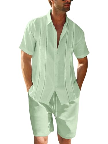 Runcati Herren 2 Stück Leinen Set Regular Fit Knopfleiste Strand Hemd und Shorts Kurzarm Sommer Outfits Minzgrün XXL von Runcati