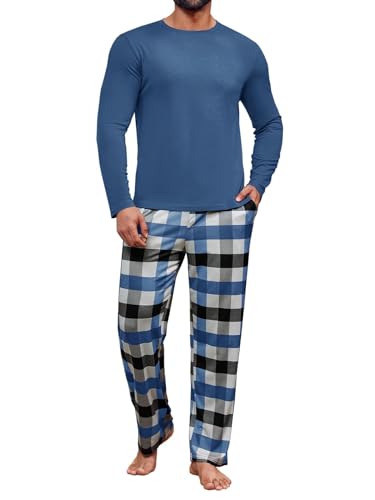 Runcati Herren 2 Stück Pyjama Set Kariert Nachtwäsche PJ Relaxed Fit Stretch Lounge Nachtwäsche Sets Blau, M von Runcati