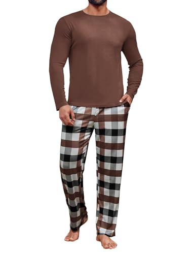 Runcati Herren 2 Stück Pyjama Set Kariert Nachtwäsche PJ Relaxed Fit Stretch Lounge Nachtwäsche Sets Kaffee, L von Runcati