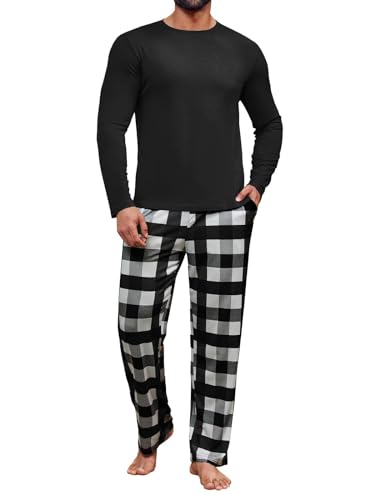 Runcati Herren 2 Stück Pyjama Set Kariert Nachtwäsche PJ Relaxed Fit Stretch Lounge Nachtwäsche Sets Schwarz, M von Runcati