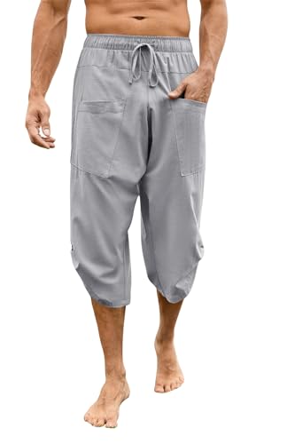 Runcati Herren 3/4 Leinenhose Leicht Boho Sommerhose Baggy Loose Fit Freizeithose Pluderhose mit Taschen für Urlaub Strand Grau M Runcati Herren 3/4 Leinenhose Leicht Boho Sommerhose Baggy Loose Fit Freizeithose Pluderhose mit Taschen für Urlaub Strand Grau M von Runcati