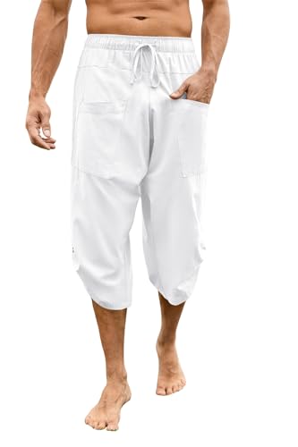 Runcati Herren 3/4 Leinenhose Leicht Boho Sommerhose Baggy Loose Fit Freizeithose Pluderhose mit Taschen für Urlaub Strand Weiß L von Runcati