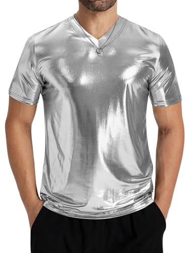 Runcati Herren 70er Jahre Metallic-Shirt, kurzärmelig, V-Ausschnitt, goldfarben, Disco, Party, Club, T-Shirt, silber, XL von Runcati