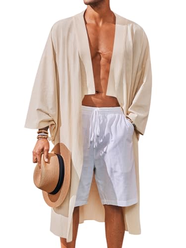 Runcati Herren-Bademantel aus Leinen, leger, 3/4-Ärmel, vorne offen, Sommer, Strand, Hawaii-Hemden, Beige, X-Large von Runcati