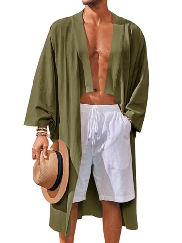 Runcati Herren-Bademantel aus Leinen, leger, 3/4-Ärmel, vorne offen, Sommer, Strand, Hawaii-Hemden, Grün (Army Green), Medium von Runcati