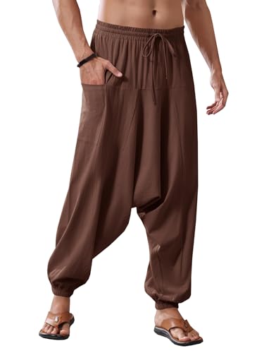 Runcati Herren Baumwolle Haremshosen Baggy Hippie Casual Leinen Yoga Hose Strand Tief Schritt Trouser Bräune XXL Runcati Herren Baumwolle Haremshosen Baggy Hippie Casual Leinen Yoga Hose Strand Tief Schritt Trouser Bräune XXL von Runcati