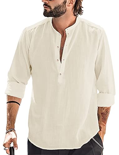 Runcati Herren Baumwolle Leinenhemd Langarm Hemd Stehkragen Strandhemd Sommerhemd Elegant Shirts, Beige, XXL von Runcati