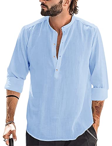 Runcati Herren Baumwolle Leinenhemd Langarm Hemd Stehkragen Strandhemd Sommerhemd Elegant Shirts, Blau, XXL von Runcati